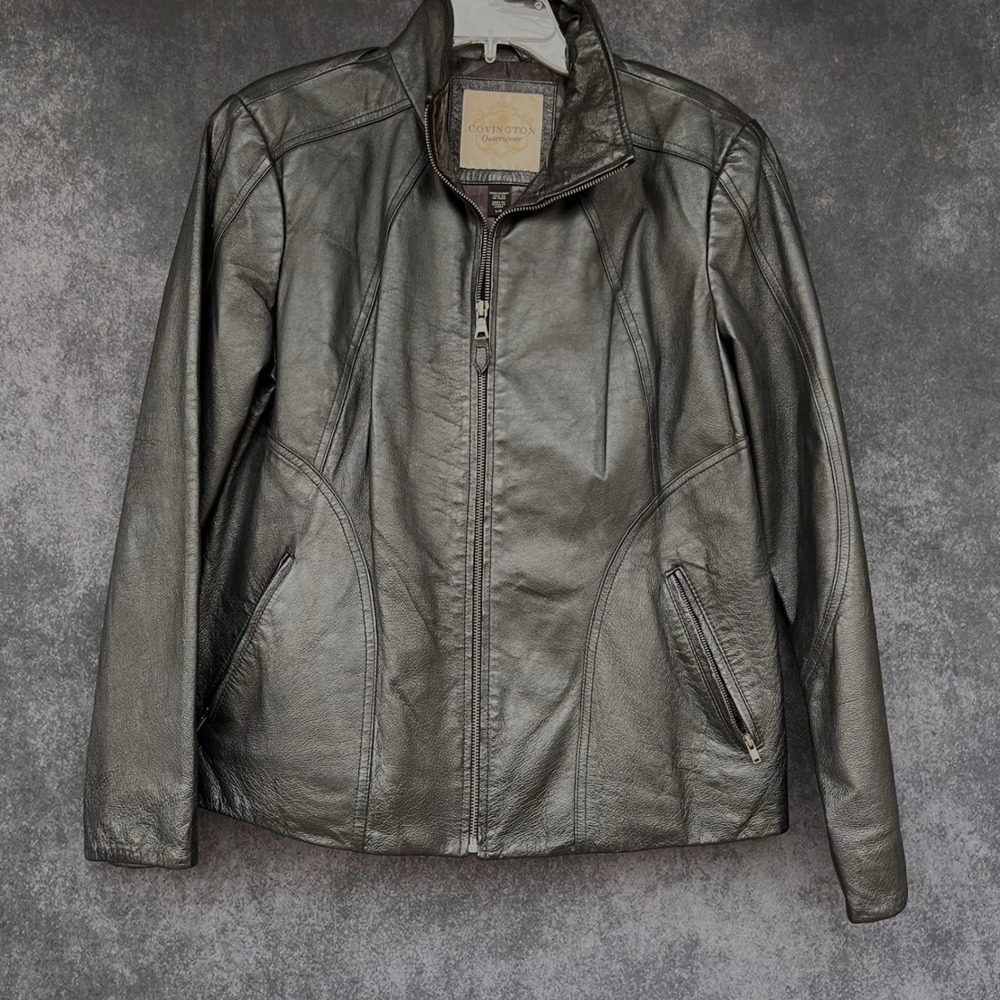 Covington‎ Outerwear Womens Black Genuine Leather Coat Jacket Old Money Large L